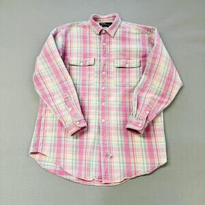 Vintage Polo Ralph Lauren Plaid Button Shirt Mens Medium Pink Pastel Cotton LONG